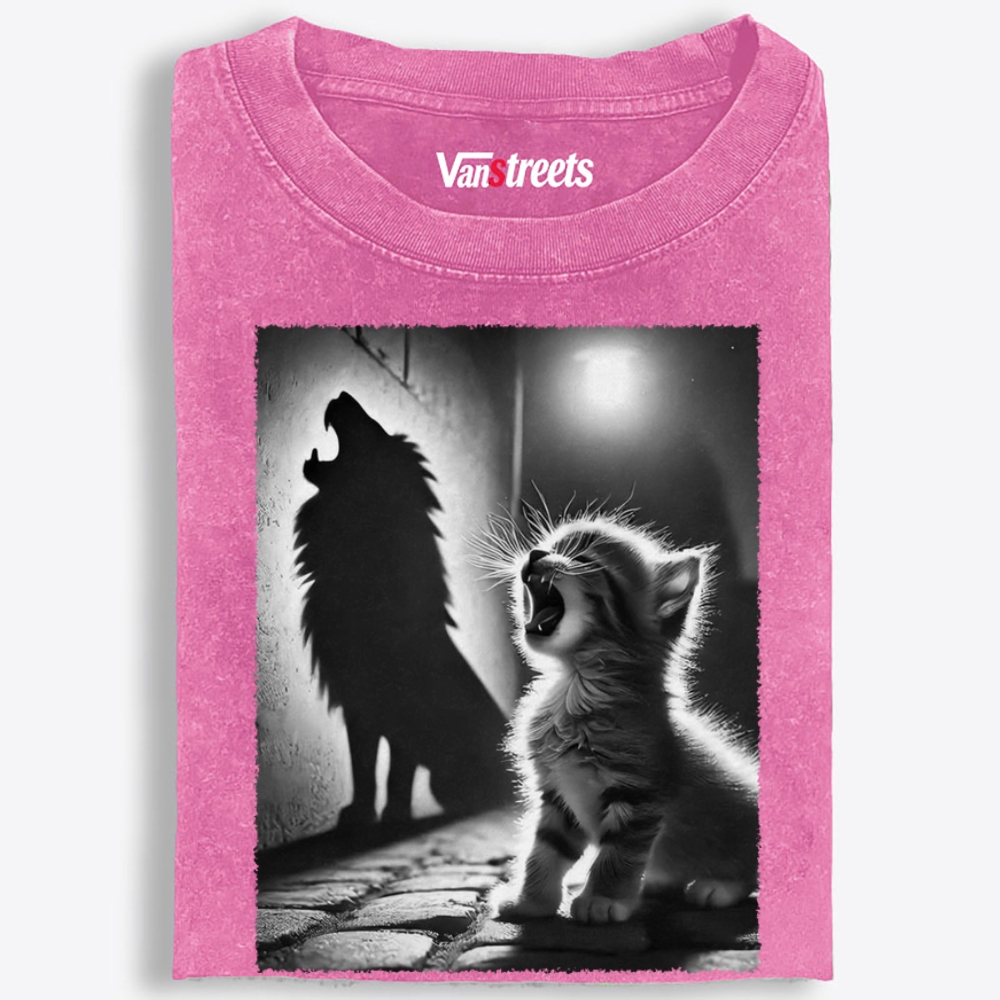 Kitten Wolf Shadow Retro Washed T-Shirt | 100% Cotton | Streetwear Essential