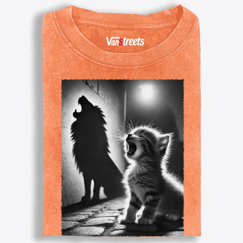 Kitten Wolf Shadow Retro Washed T-Shirt | 100% Cotton | Streetwear Essential