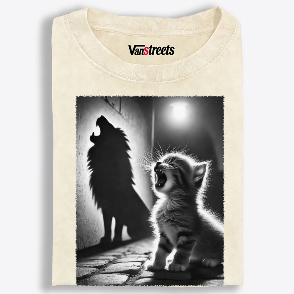 Kitten Wolf Shadow Retro Washed T-Shirt | 100% Cotton | Streetwear Essential