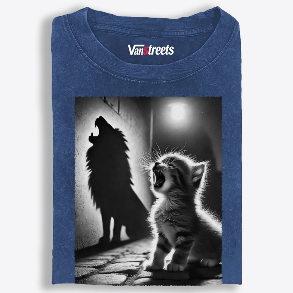 Kitten Wolf Shadow Retro Washed T-Shirt | 100% Cotton | Streetwear Essential