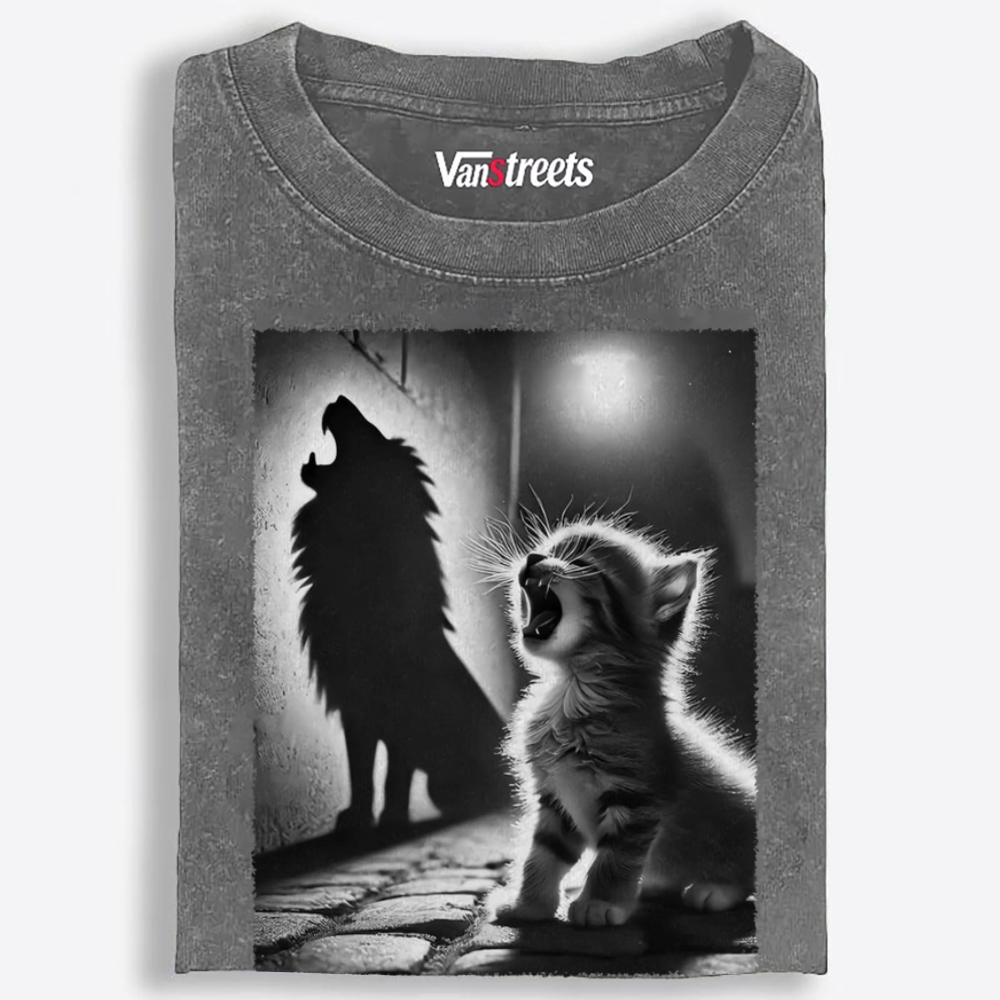 Kitten Wolf Shadow Retro Washed T-Shirt | 100% Cotton | Streetwear Essential