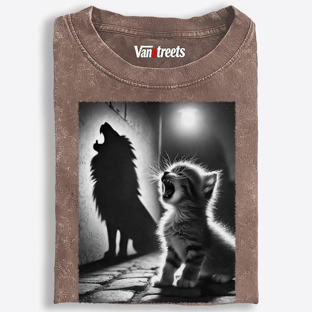 Kitten Wolf Shadow Retro Washed T-Shirt | 100% Cotton | Streetwear Essential