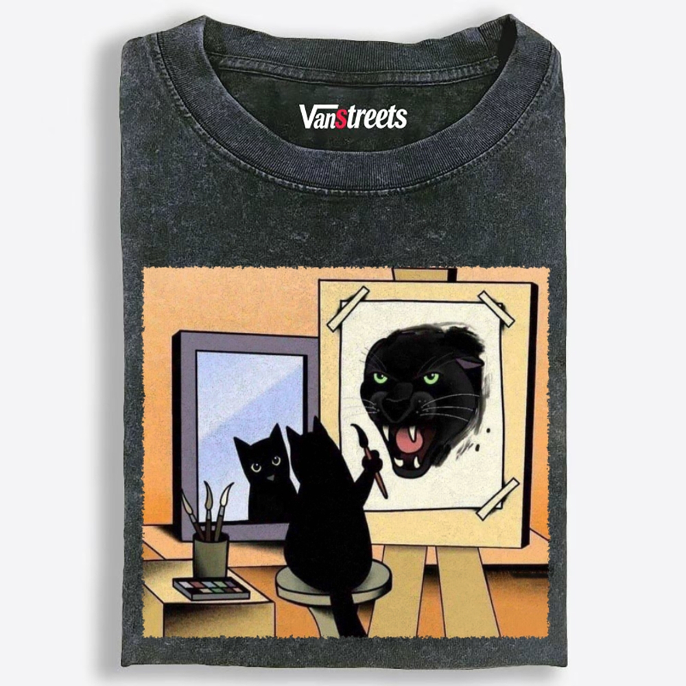Black Cat's Wild Side Retro Washed T-Shirt | 100% Cotton | Streetwear Essential