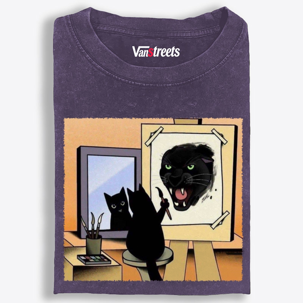 Black Cat's Wild Side Retro Washed T-Shirt | 100% Cotton | Streetwear Essential