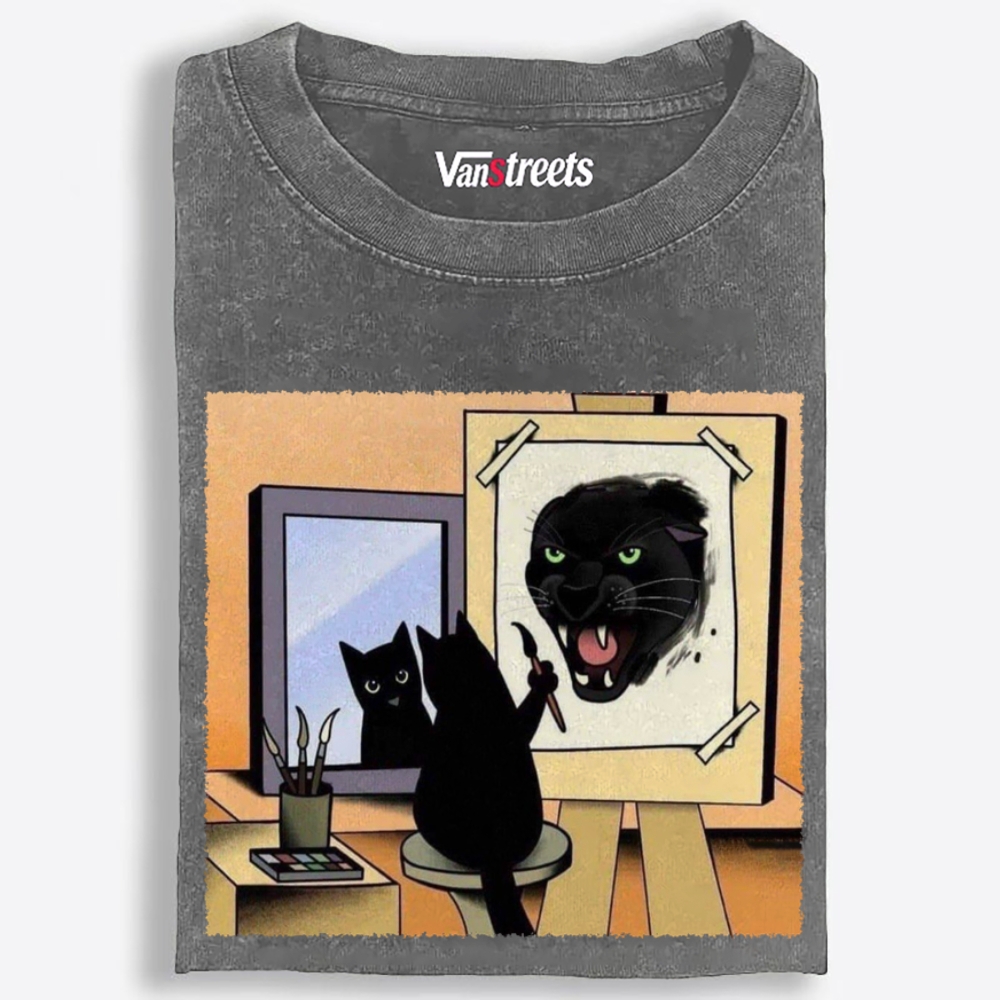 Black Cat's Wild Side Retro Washed T-Shirt | 100% Cotton | Streetwear Essential