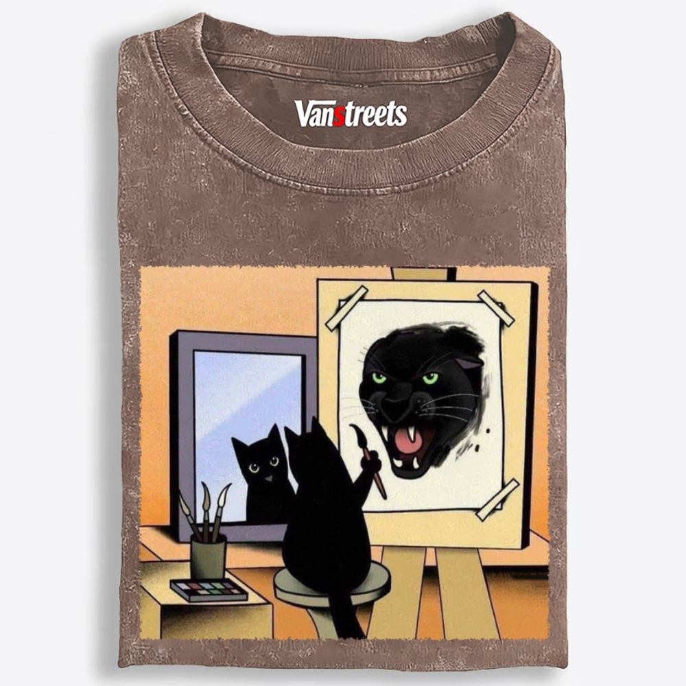 Black Cat's Wild Side Retro Washed T-Shirt | 100% Cotton | Streetwear Essential