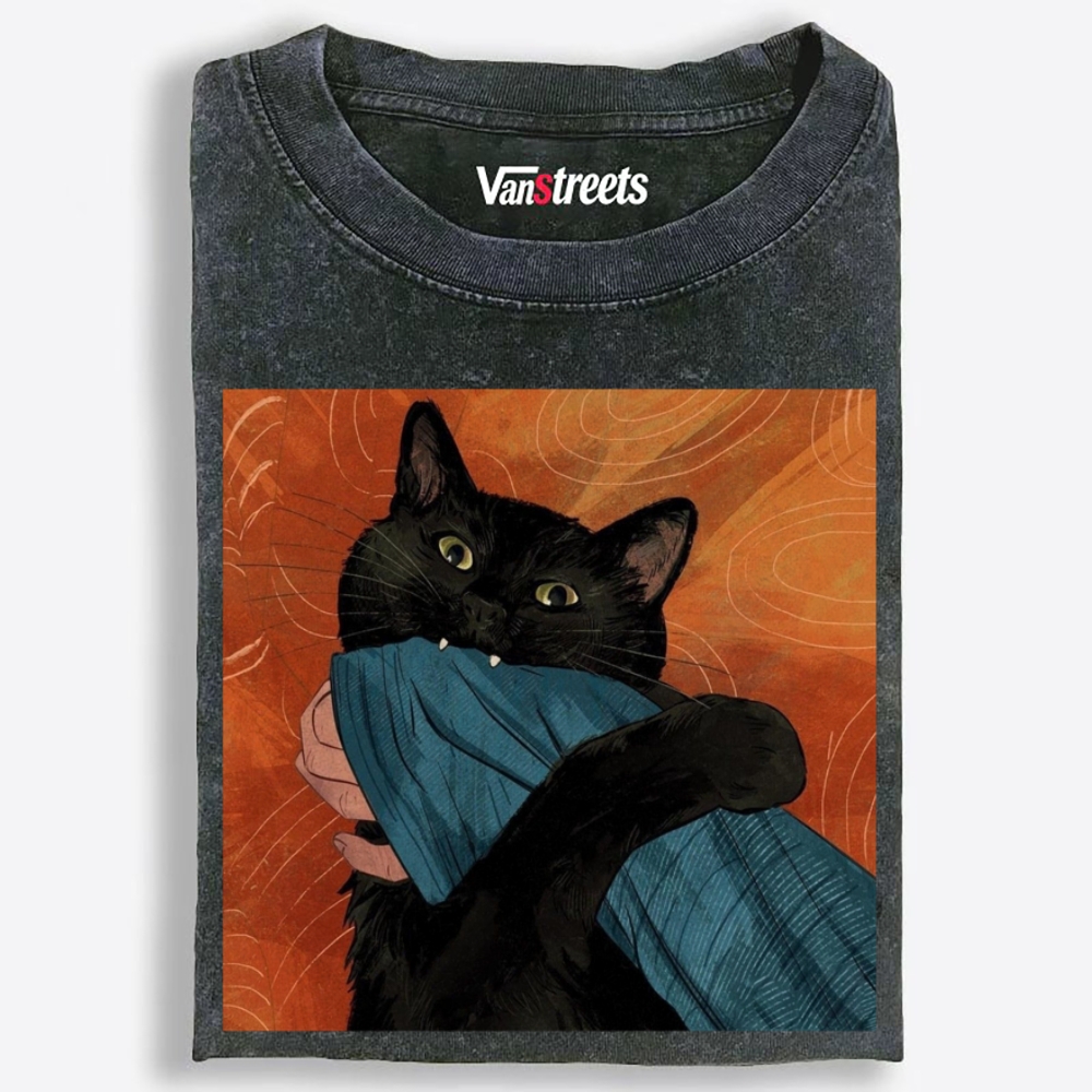 Blanket Biting Black Cat Retro Washed T-Shirt | 100% Cotton | Streetwear Essential