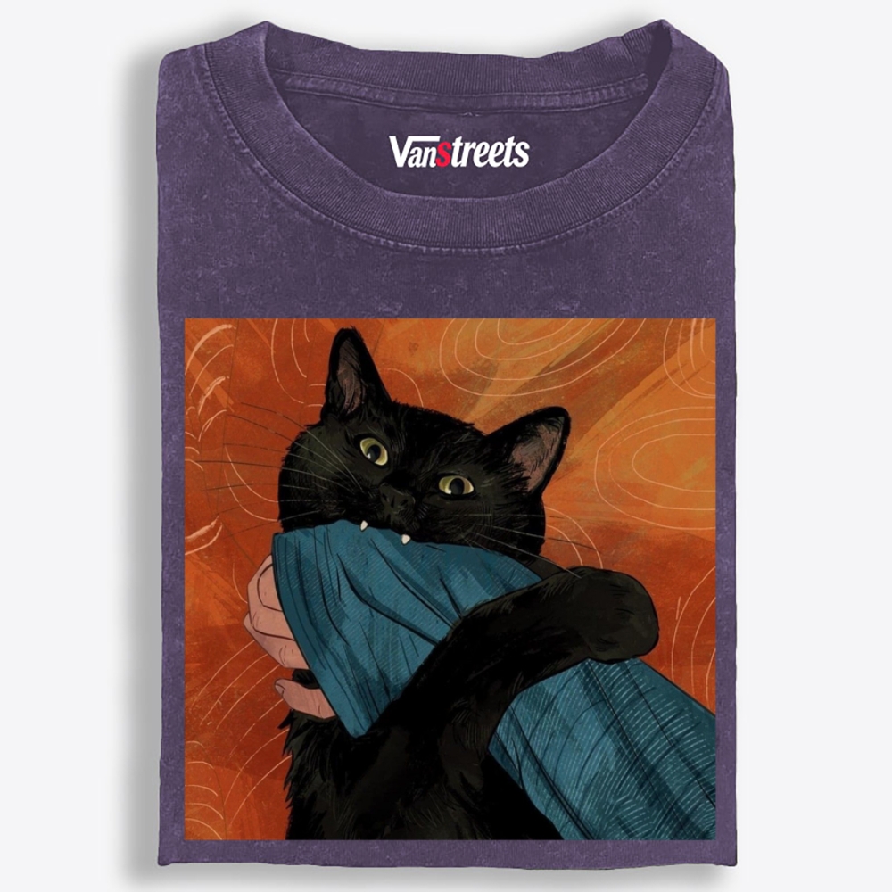 Blanket Biting Black Cat Retro Washed T-Shirt | 100% Cotton | Streetwear Essential