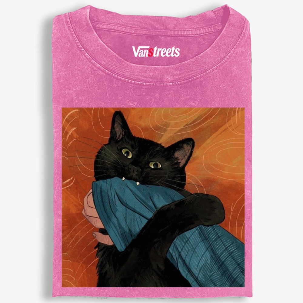Blanket Biting Black Cat Retro Washed T-Shirt | 100% Cotton | Streetwear Essential