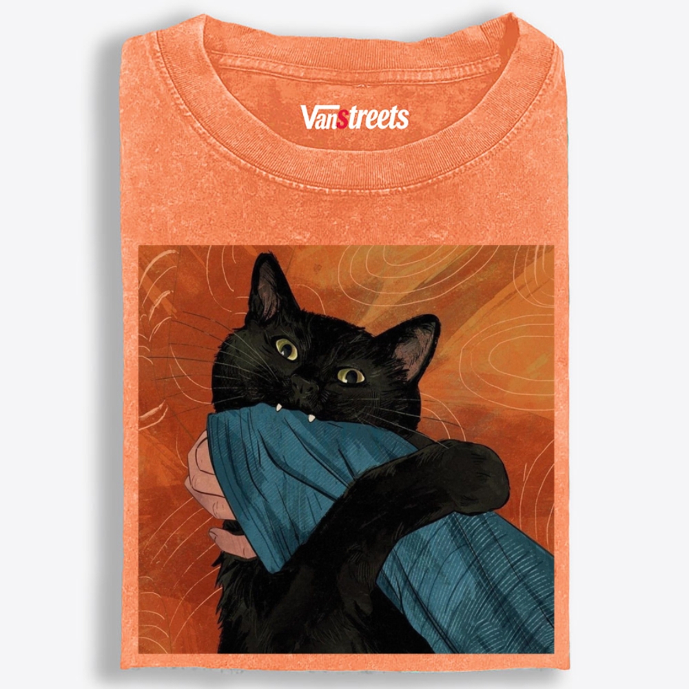 Blanket Biting Black Cat Retro Washed T-Shirt | 100% Cotton | Streetwear Essential