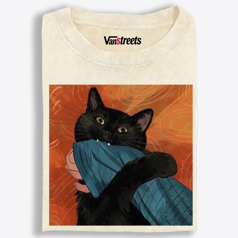 Blanket Biting Black Cat Retro Washed T-Shirt | 100% Cotton | Streetwear Essential