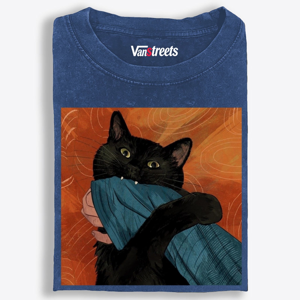 Blanket Biting Black Cat Retro Washed T-Shirt | 100% Cotton | Streetwear Essential