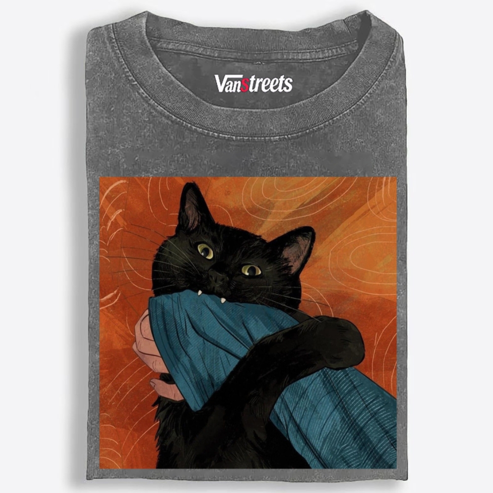 Blanket Biting Black Cat Retro Washed T-Shirt | 100% Cotton | Streetwear Essential