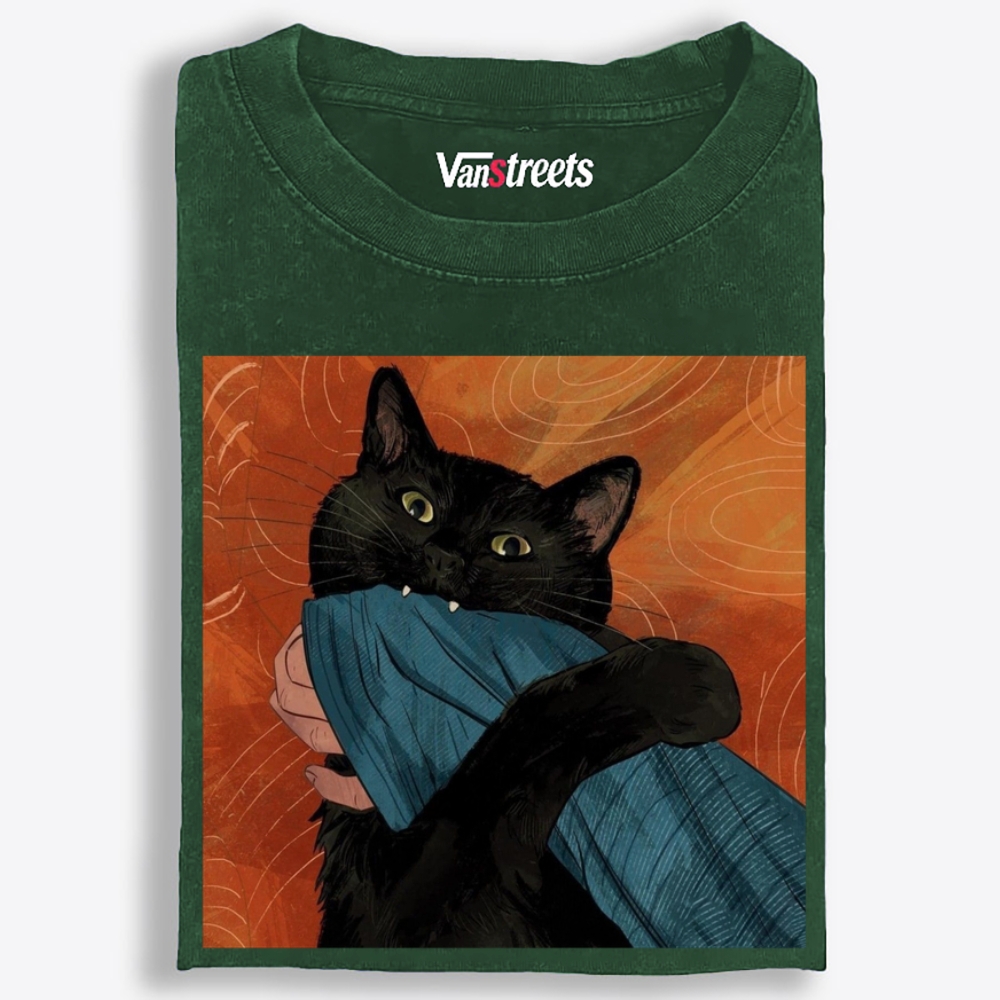 Blanket Biting Black Cat Retro Washed T-Shirt | 100% Cotton | Streetwear Essential