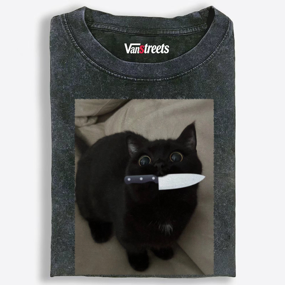 Knife Cat Retro Washed T-Shirt | 100% Cotton | Streetwear Essential