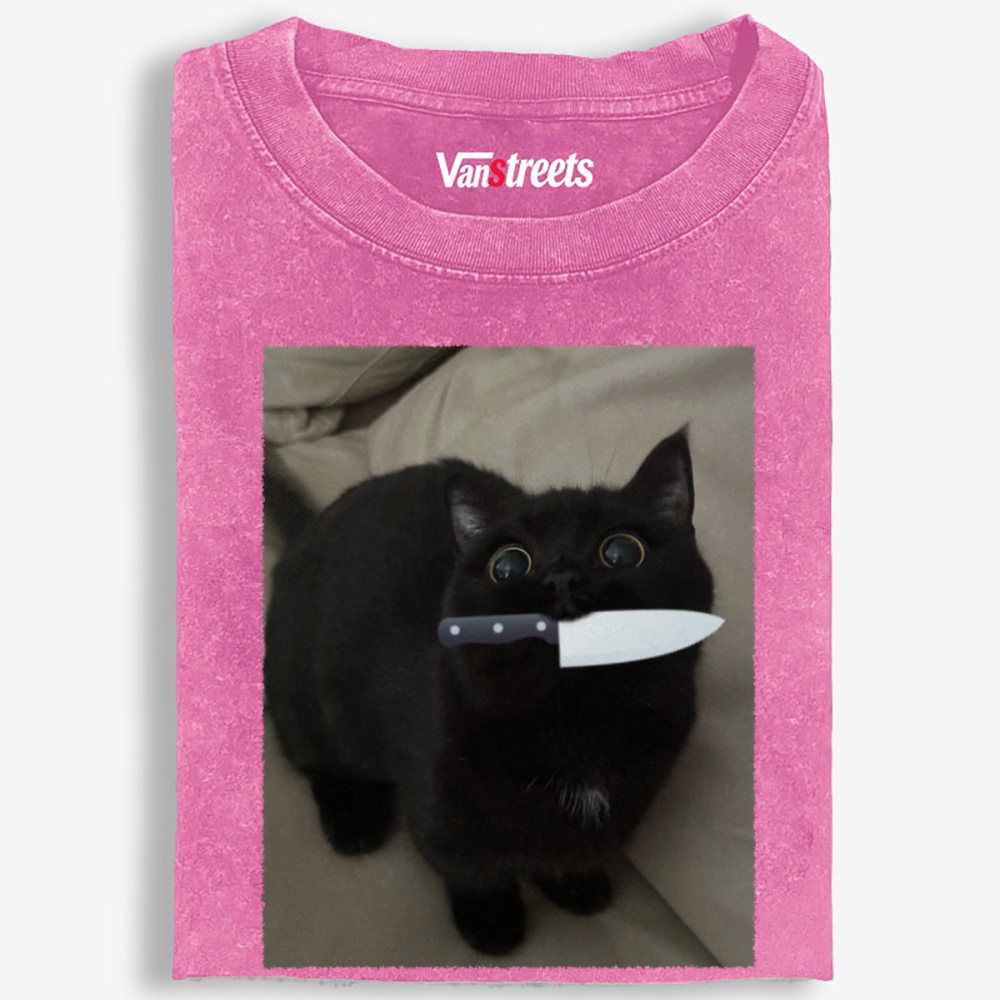 Knife Cat Retro Washed T-Shirt | 100% Cotton | Streetwear Essential