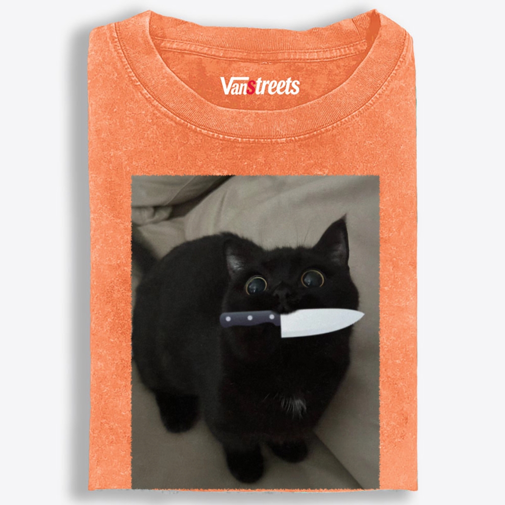 Knife Cat Retro Washed T-Shirt | 100% Cotton | Streetwear Essential