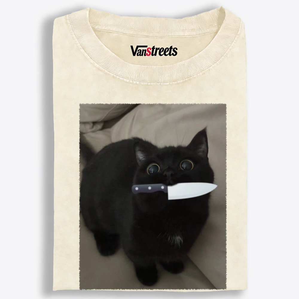 Knife Cat Retro Washed T-Shirt | 100% Cotton | Streetwear Essential