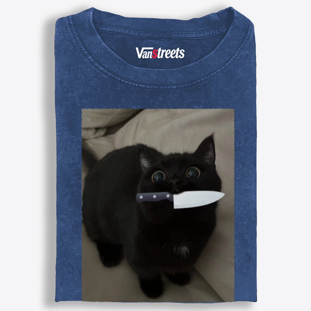 Knife Cat Retro Washed T-Shirt | 100% Cotton | Streetwear Essential