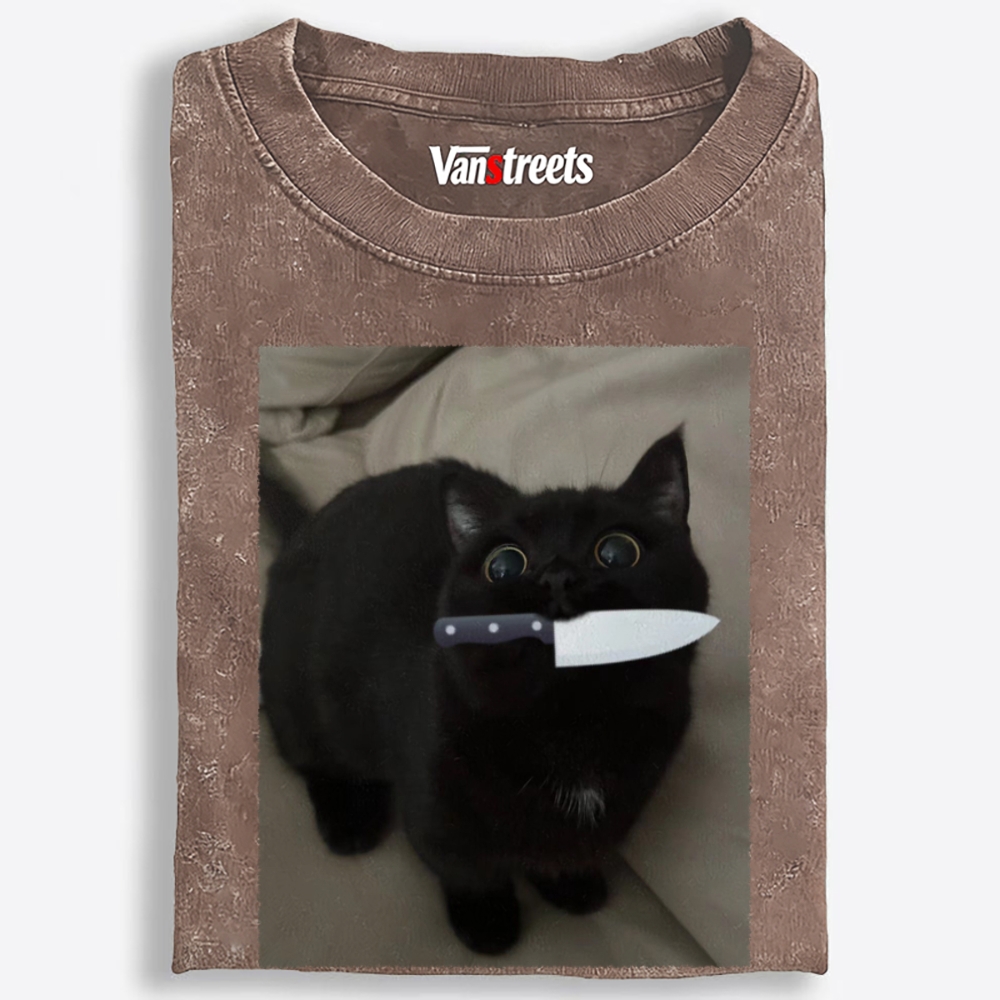 Knife Cat Retro Washed T-Shirt | 100% Cotton | Streetwear Essential