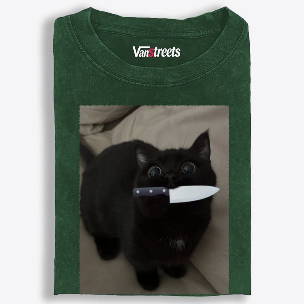 Knife Cat Retro Washed T-Shirt | 100% Cotton | Streetwear Essential