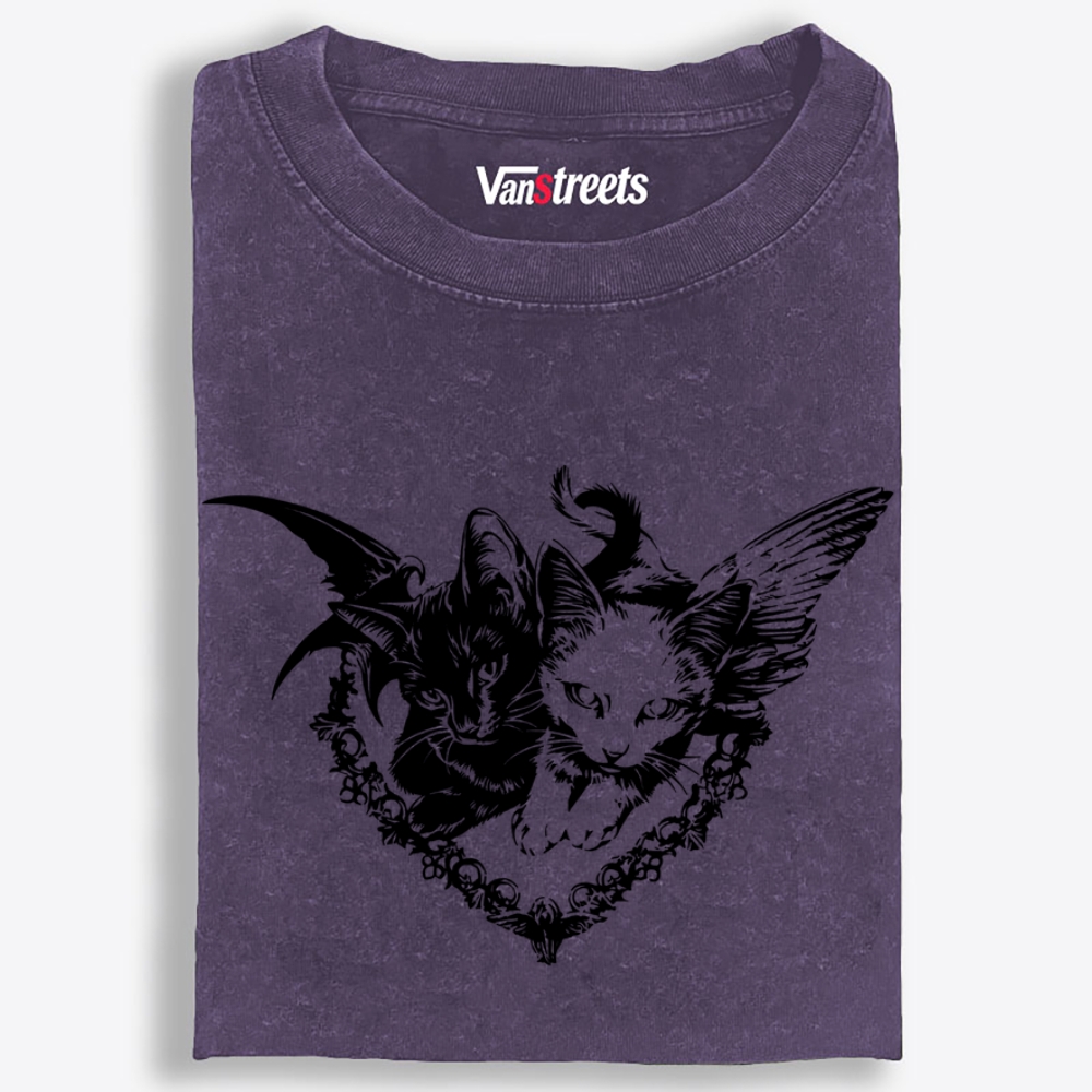 Angel Devil Cats Retro Washed T-Shirt | 100% Cotton | Streetwear Essential