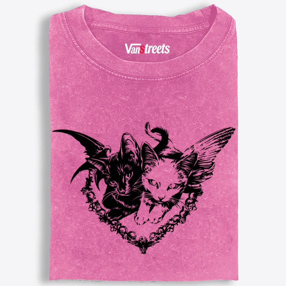 Angel Devil Cats Retro Washed T-Shirt | 100% Cotton | Streetwear Essential