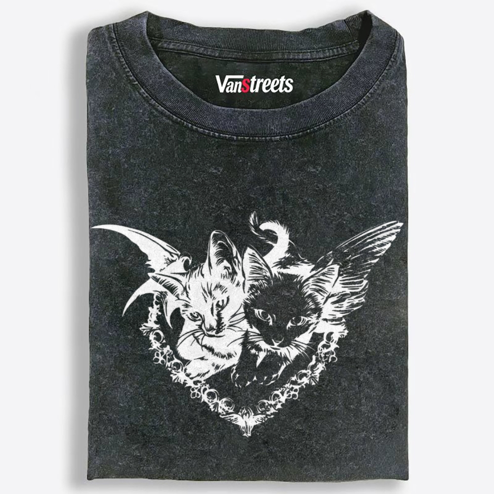 Angel Devil Cats Retro Washed T-Shirt | 100% Cotton | Streetwear Essential