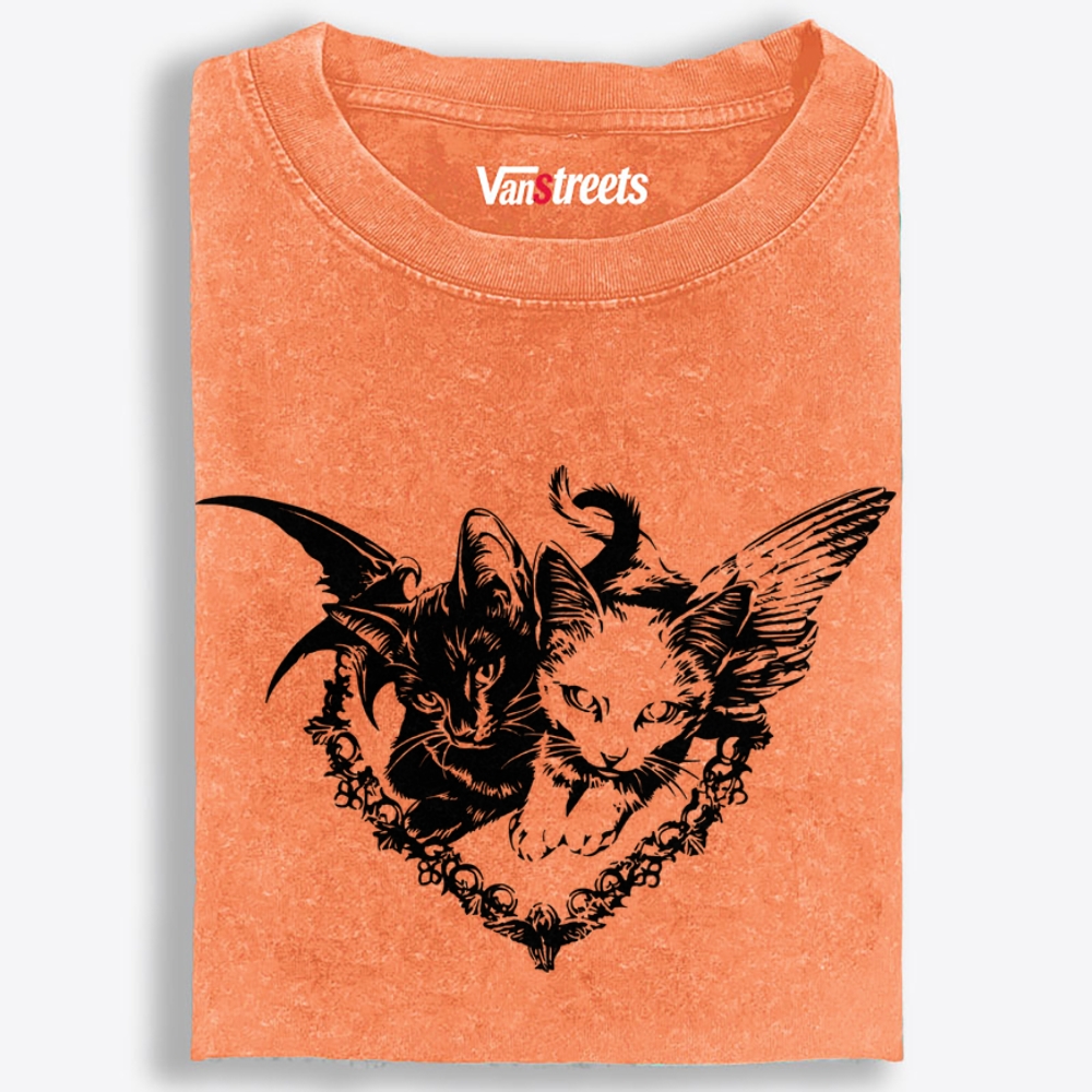 Angel Devil Cats Retro Washed T-Shirt | 100% Cotton | Streetwear Essential