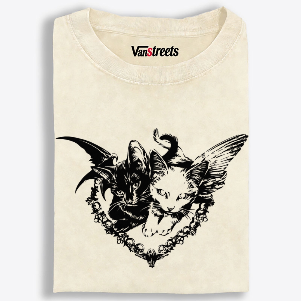 Angel Devil Cats Retro Washed T-Shirt | 100% Cotton | Streetwear Essential