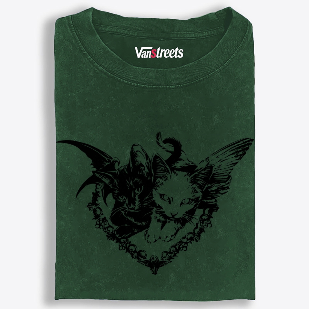 Angel Devil Cats Retro Washed T-Shirt | 100% Cotton | Streetwear Essential