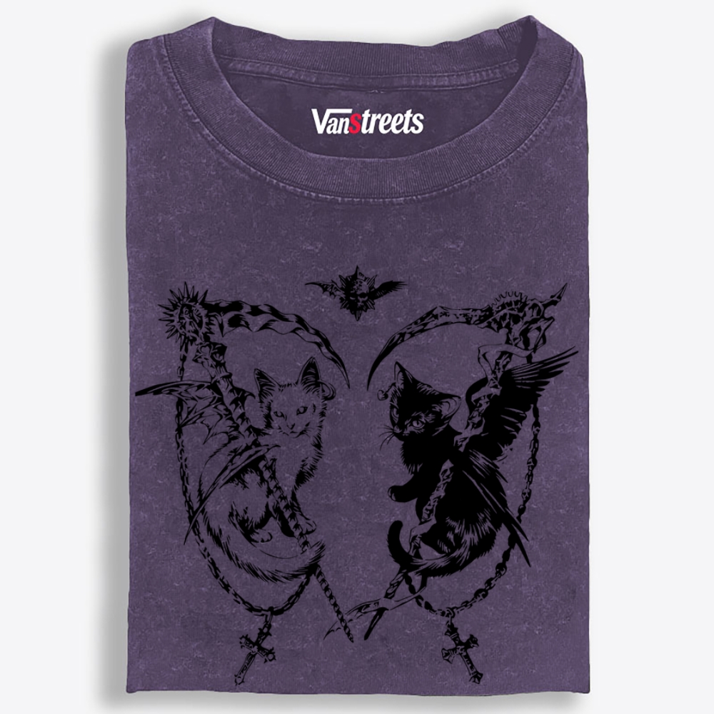 Angel Demon Scythe Cats Retro Washed T-Shirt | 100% Cotton | Streetwear Essential