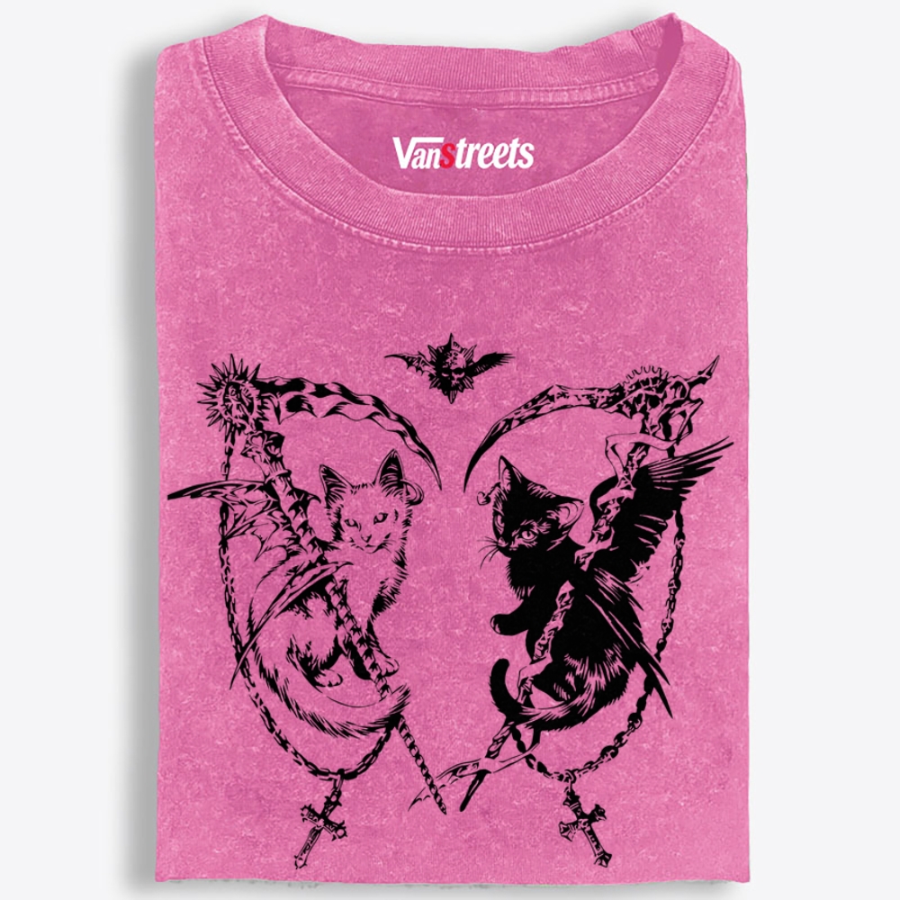 Angel Demon Scythe Cats Retro Washed T-Shirt | 100% Cotton | Streetwear Essential