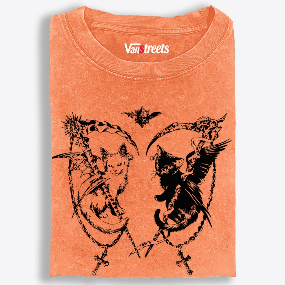 Angel Demon Scythe Cats Retro Washed T-Shirt | 100% Cotton | Streetwear Essential