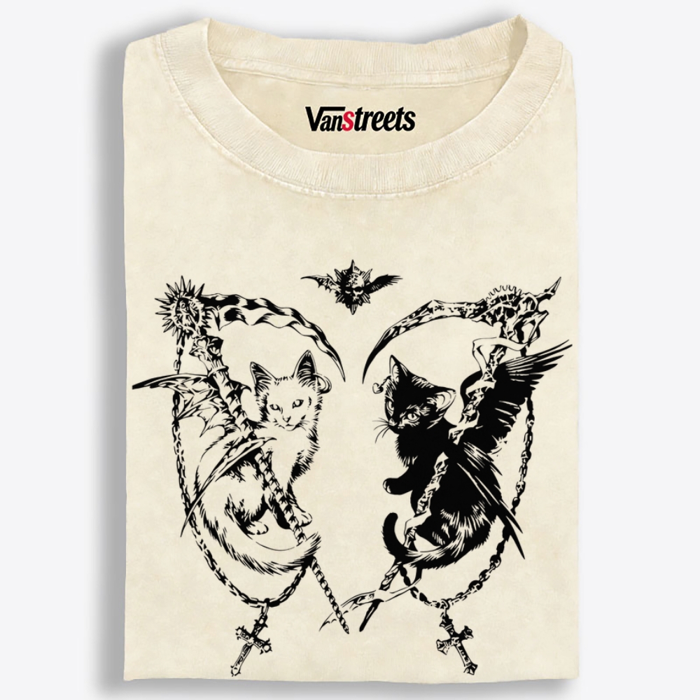 Angel Demon Scythe Cats Retro Washed T-Shirt | 100% Cotton | Streetwear Essential
