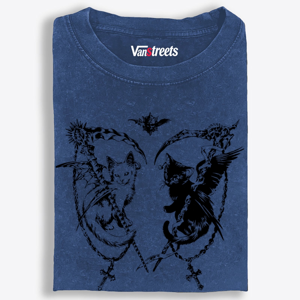 Angel Demon Scythe Cats Retro Washed T-Shirt | 100% Cotton | Streetwear Essential