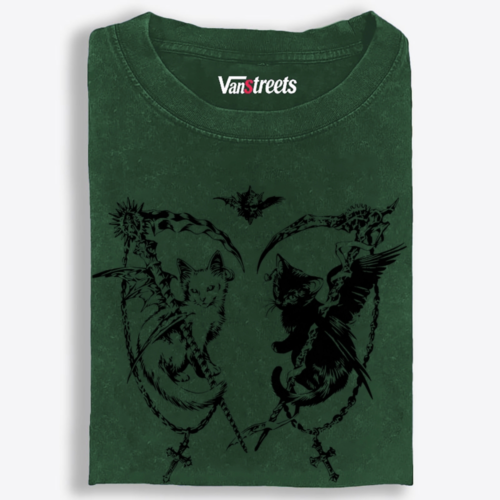 Angel Demon Scythe Cats Retro Washed T-Shirt | 100% Cotton | Streetwear Essential