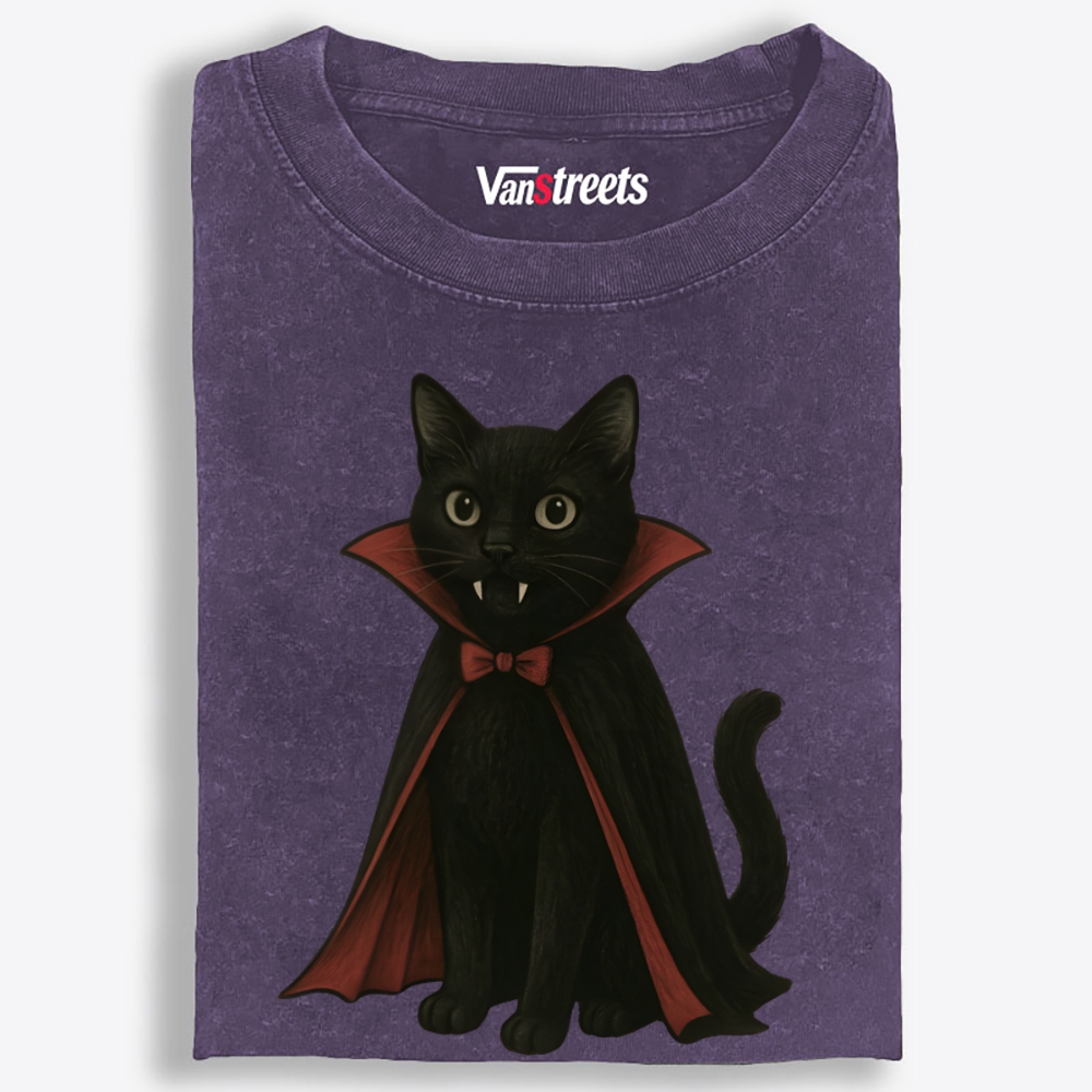 Vampire Black Cat Retro Washed T-Shirt | 100% Cotton | Streetwear Essential