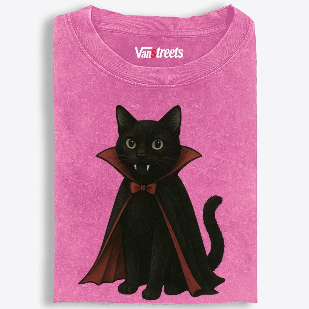 Vampire Black Cat Retro Washed T-Shirt | 100% Cotton | Streetwear Essential