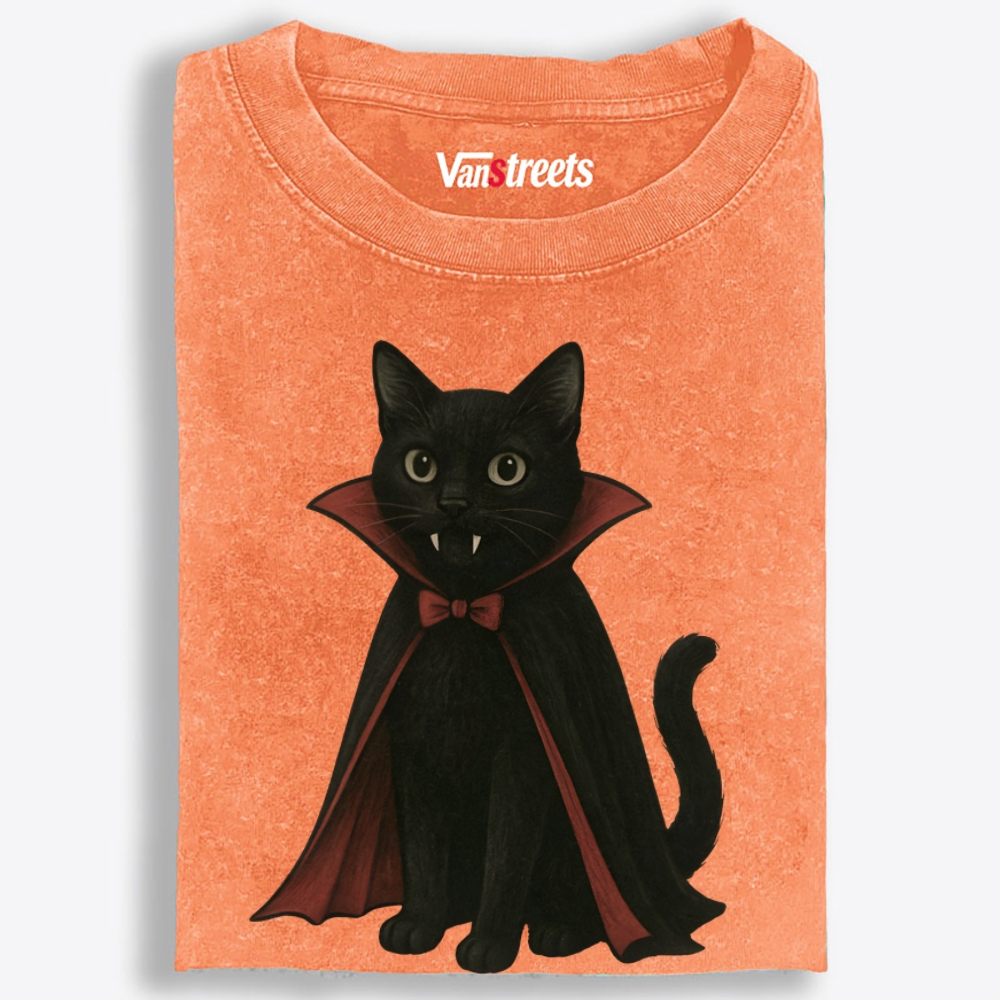 Vampire Black Cat Retro Washed T-Shirt | 100% Cotton | Streetwear Essential