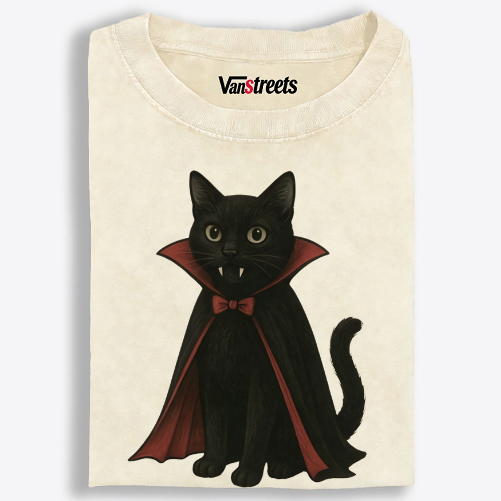 Vampire Black Cat Retro Washed T-Shirt | 100% Cotton | Streetwear Essential