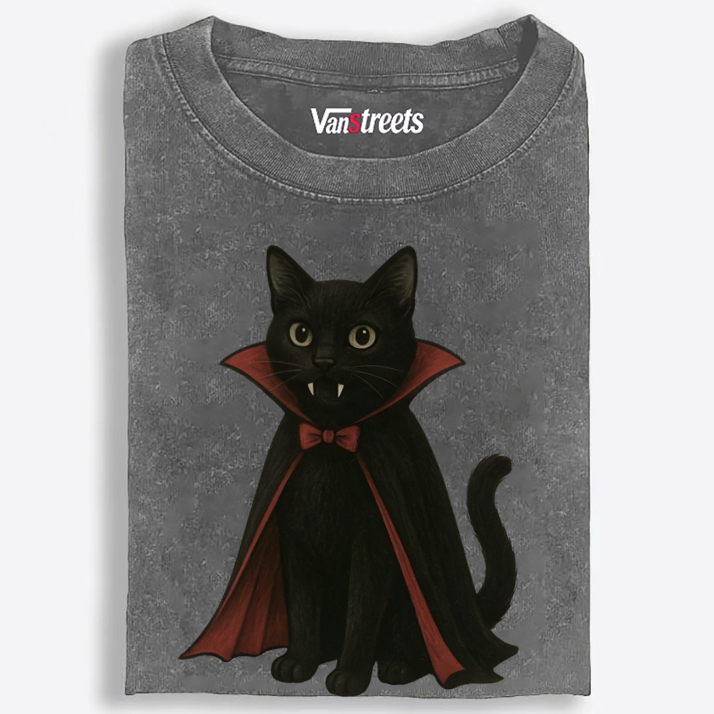 Vampire Black Cat Retro Washed T-Shirt | 100% Cotton | Streetwear Essential