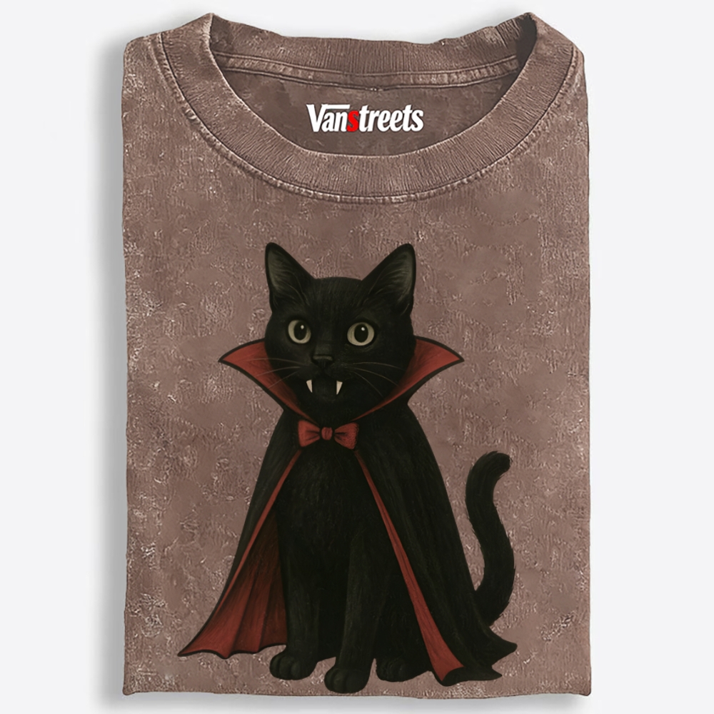 Vampire Black Cat Retro Washed T-Shirt | 100% Cotton | Streetwear Essential