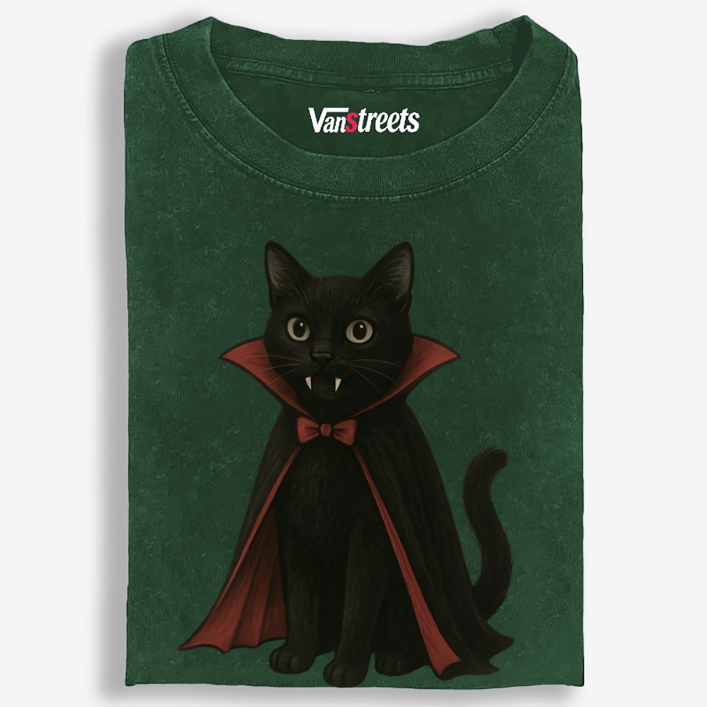 Vampire Black Cat Retro Washed T-Shirt | 100% Cotton | Streetwear Essential
