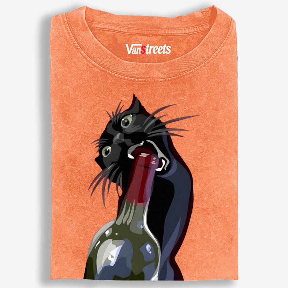 Drunk Black Cat Retro Washed T-Shirt | 100% Cotton | Streetwear Essential
