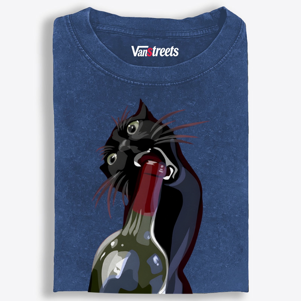 Drunk Black Cat Retro Washed T-Shirt | 100% Cotton | Streetwear Essential