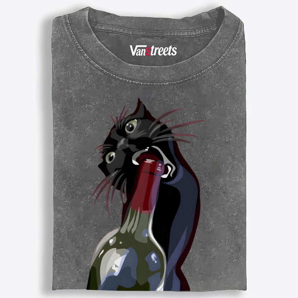 Drunk Black Cat Retro Washed T-Shirt | 100% Cotton | Streetwear Essential