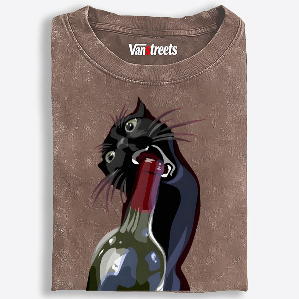 Drunk Black Cat Retro Washed T-Shirt | 100% Cotton | Streetwear Essential
