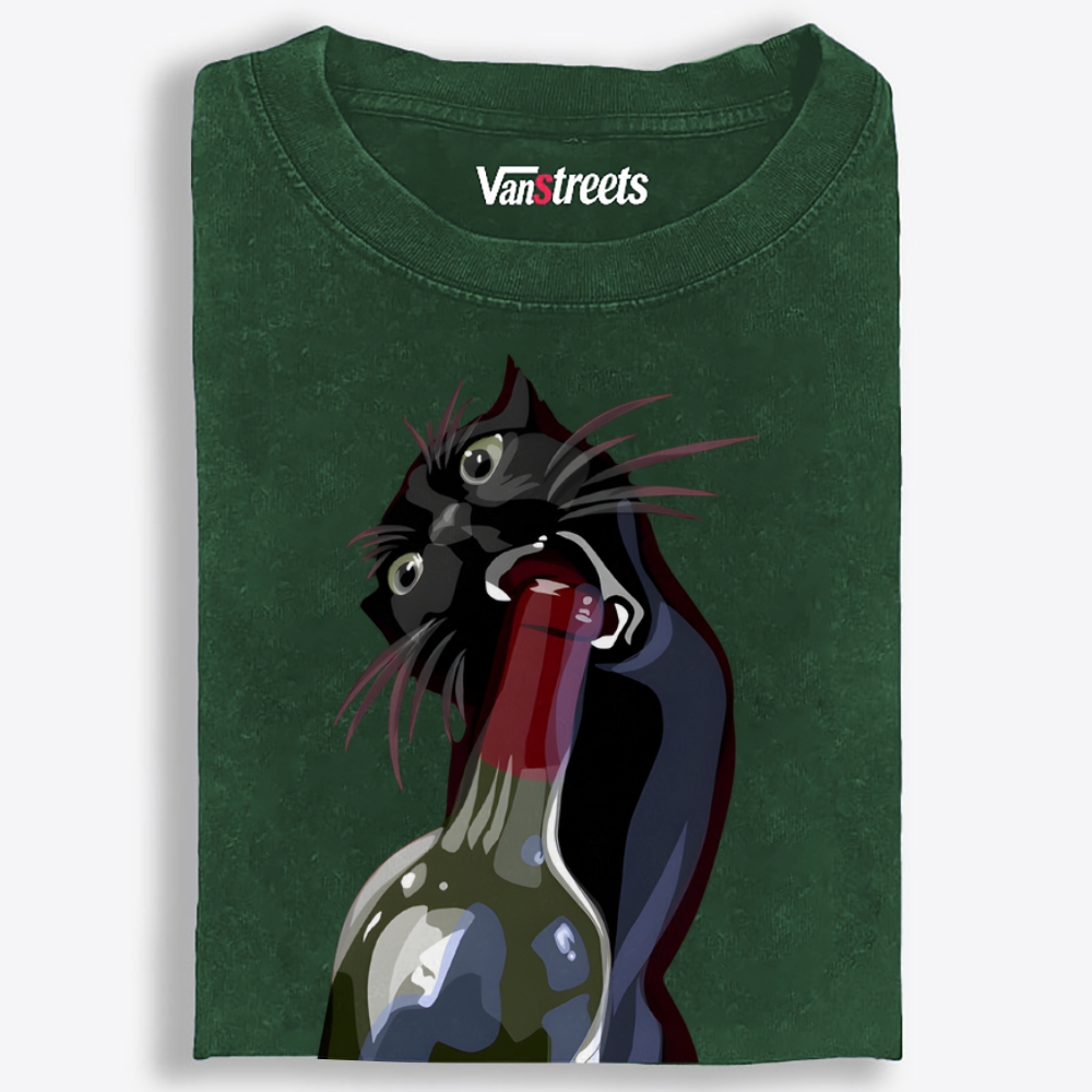 Drunk Black Cat Retro Washed T-Shirt | 100% Cotton | Streetwear Essential