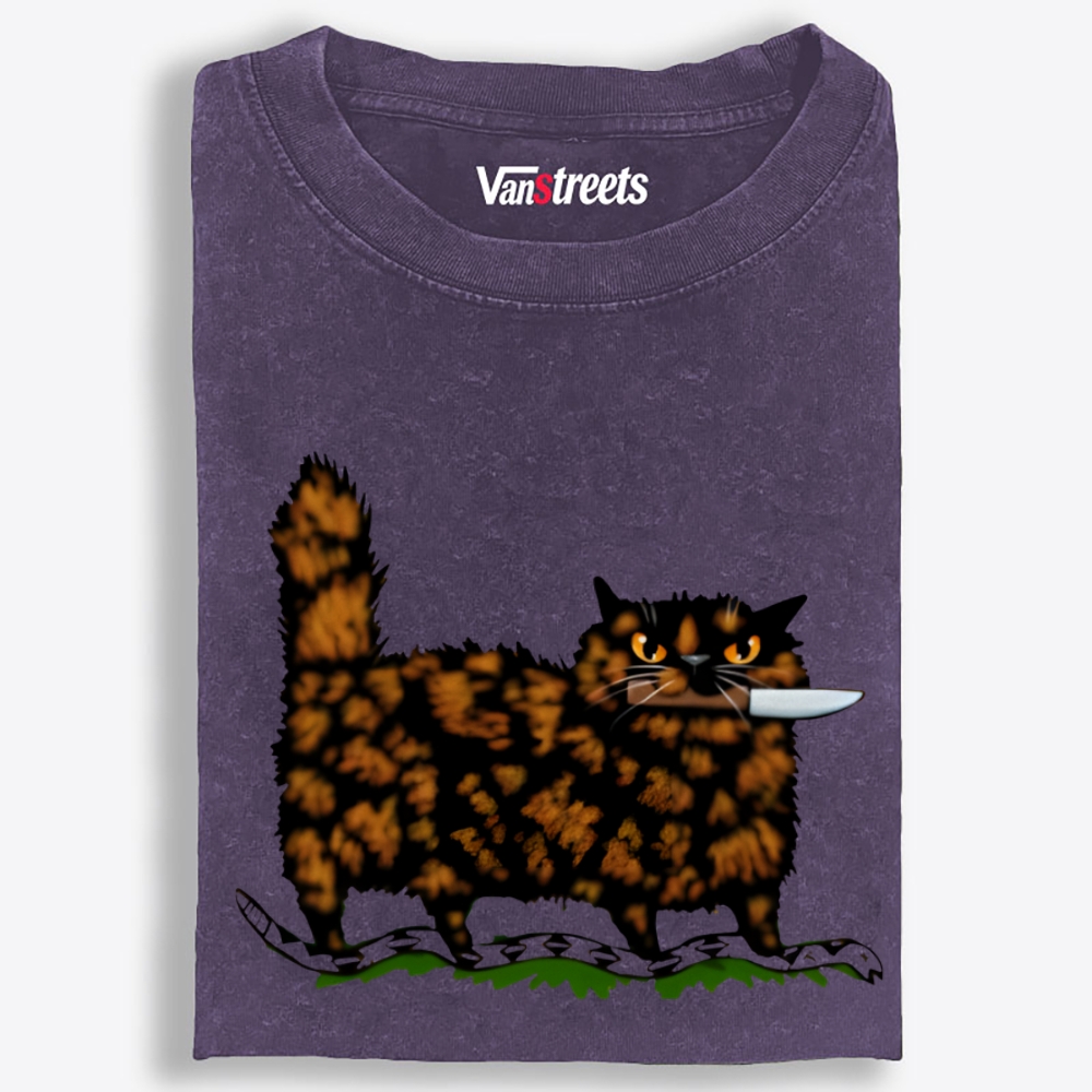 Tortoiseshell Cat With A Knife Retro Washed T-Shirt | 100% Cotton | Streetwear Essential